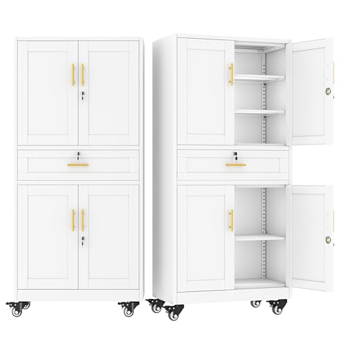 winiowa 71" Tall Metal Garage Storage Cabinet with Wheels and Locking Doors, Locking Rolling Tool Cabinet with Drawer and 3 Adjustable Shelves for Garage,Home,Office (White) - color: White-drawer