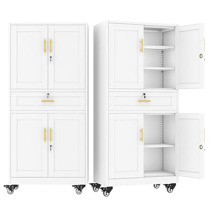 winiowa 71" Tall Metal Garage Storage Cabinet with Wheels and Locking Doors, Locking Rolling Tool Cabinet with Drawer and 3 Adjustable Shelves for Garage,Home,Office (White) - color: White-drawer
