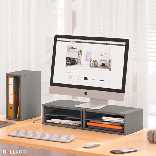 Ballucci File Organizer, 2-Tier Document Paper Sorter, Stackable Wood Desk Organizer Mail Holder, Monitor Stand with Storage Shelves, Gray - color: Gray, size: 2 Tier