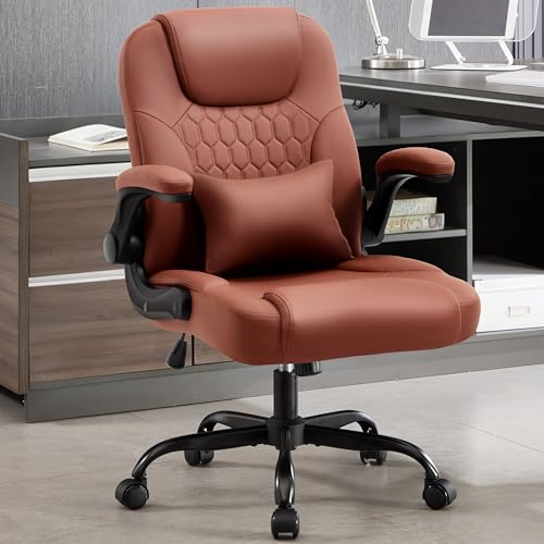 Leather Office Chair Swivel Lumbar Support for Short People Brown - color: Brown