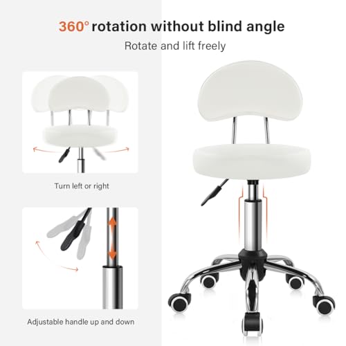 KKTONER Rolling Stool with Mid Back Height Adjustable Chair PU Leather Swivel Chair with Wheels for Office Home Task Drafting (White) - color: White