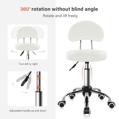 KKTONER Rolling Stool with Mid Back Height Adjustable Chair PU Leather Swivel Chair with Wheels for Office Home Task Drafting (White) - color: White