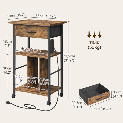 Rolling File Cabinet, Printer Stand with Dividers and Power Outlets, Mobile File Cart with Fabric Storage Drawer and Lockable Wheels for Office, Home
