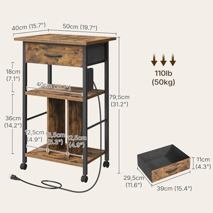 Rolling File Cabinet, Printer Stand with Dividers and Power Outlets, Mobile File Cart with Fabric Storage Drawer and Lockable Wheels for Office, Home