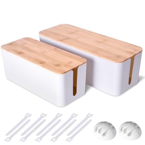 2Pack Cable Management Box,Wooden Style Cord Organizer Cord Hide Box | Cable Organizer for TV Wires, Computer, USB Hub & Under Desk Power Strip, ABS Material, Baby Proof, Home & Office - color: White
