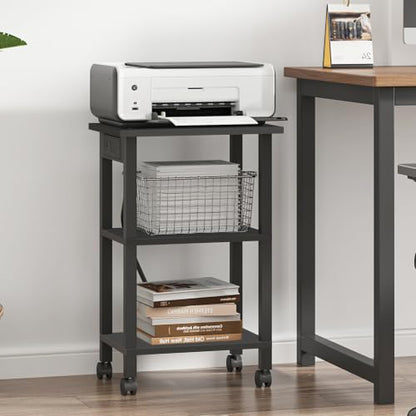 TUTOTAK Printer Stand, 3 Tier Rolling Printer Cart with Charging Station | Small Under Desk Printer Table with Wheels for Small Space, Office, Home, Black PS01BK001 - color: Black, size: 3 tier(15.7 x 11.8 x 23.6inchs)