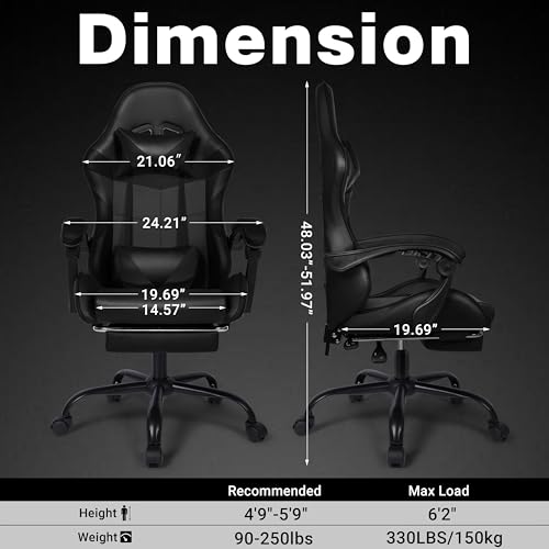 Gaming Chair with Footrest and Lumbar Support, Height Adjustable Chair with 360°Office Desk Chair,Heavy Duty 330lbs Computer Chair for Adults - color: Black