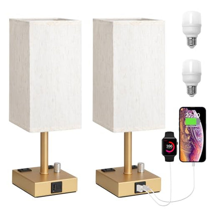 Gold Bedside Table Lamps Set of 2 - Dimmable, USB C+A, 2 AC Outlets | Stepless Dimmable by Rotary Knob, 3000K LED Bulbs Included, Square Cream Linen Shade, Nightstand Lamp for Living Room, Desk - color: Gold