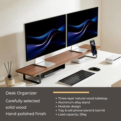 muso wood Dual Monitor Stand with Storage Shelf, 45 Inch Wooden Monitor Riser for 2 Monitors, Walnut Desk Shelf for Computer, Laptop, Screen, TV, Printer