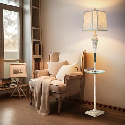 LuxSight Collection Rustic Floor Lamp, Living Room Lamps with Glass Tray, stepless diming Floor Lamp with Remote Control and USB A&C Charging Ports for Living Room Bedroom Office Smart Bulbs Included | Glass Tray, USB A+C Charging Ports, LED Smart Bulbs I
