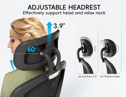 TRALT Office Chair - Ergonomic Desk Chair with Headrest Support for Adults | Home Office Desk Chair with Lumbar Support - Ergonomic Mesh Chairs 330 lb Wide Seat with Headrest, Comfy Desk Chair(Black) - color: Black