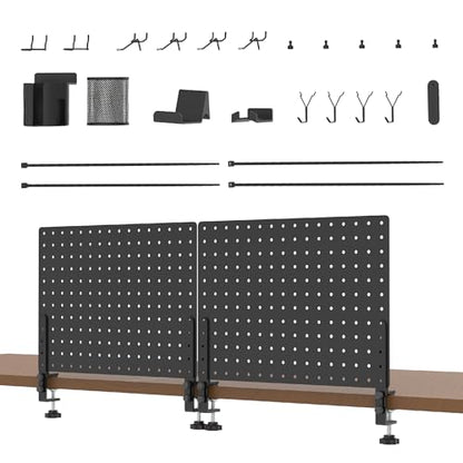 HUHOLE 32 x 12 Inch Clamp On Desk Pegboard Complete Kit | No Drill Metal Privacy Panel and Organizer with Accessories for Home Office, Gaming Setup, Cables and Supplies
