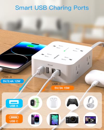 15 Ft Long Extension Cord with Multiple Outlets, Flat Plug Power Strip | Surge Protector, 1080J, 8 Outlets 4 USB Ports(2 USB C), Desk Outlet Extender, Wall Mount, Home Office Dorm Room Essentials