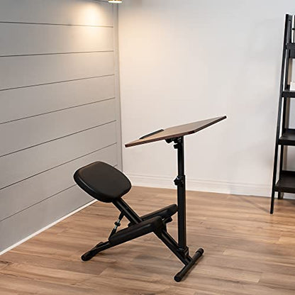 VIVO Kids' Kneeling Chair with 28 x 16 Inch Desk, Young Student Height Adjustable Posture Stool with Tilting Table for Home Study, Max 110 lbs, Black Cushions, Dark Wood Desktop, DESK-KN02D