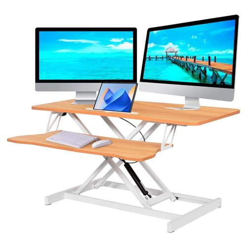 37 Inch Standing Desk Converter, Height Adjustable Desktop Standing Desk, Stand Up Riser Compatibles with 2 Computer, Stand Up Converter Laptop Workstation to 18.8" Tall, Black - color: Log Color