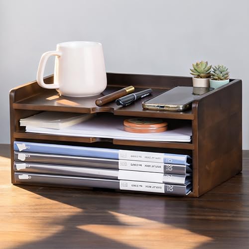 Wooden Desk Organizer with Dark Wood Finish, Stackable Paper Tray & File Holder, Multifunctional Mail Letter Sorter for A4 Documents, File Organizer,Office Supplies Storage for Home Office Study Work - color: walnut color
