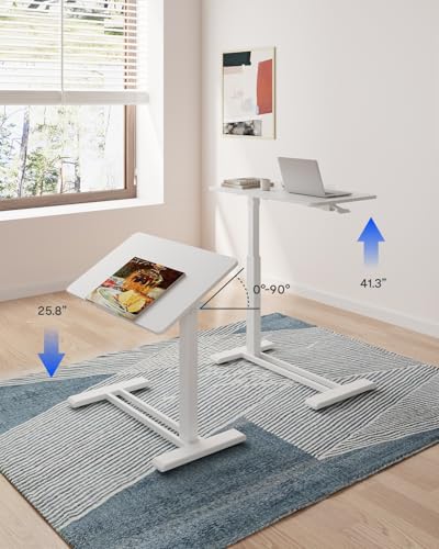 FLEXISPOT H7 PRO 90° Tiltable Mobile Overbed Table with Pneumatic Lift,32'' | Full foldable bedside table with adjustable desktop for laptop, Rolling Computer Cart and bed sofa.31.5" W x 17.7" D,White - color: White, size: 32x18