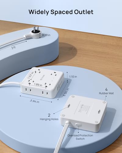 TROND 360° Rotating Flat Plug Power Strip 3ft, 8 AC & 4 USB (2U2C), White - color: White, size: 3FT, style: Rotating Plug-2U2C