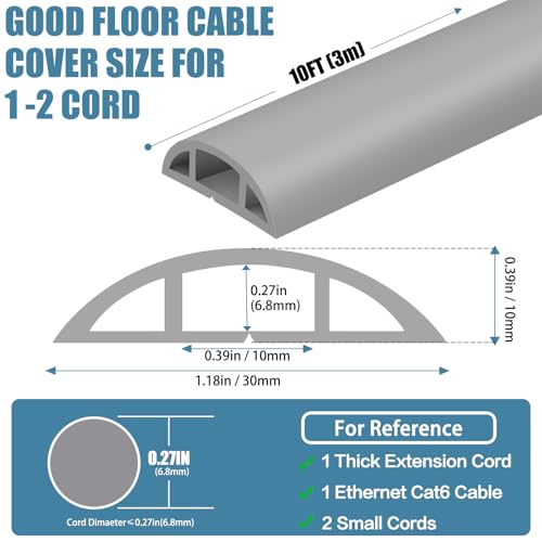 Floor Cord Covers for Wires 10FT Cable Hider Wire Cover Self Adhesive Cord Hider Floor for Offices, Homes, Workshops, Warehouses Cable Cavity 0.39" W x 0.27" H - color: Grey, size: 1.18" x 10'