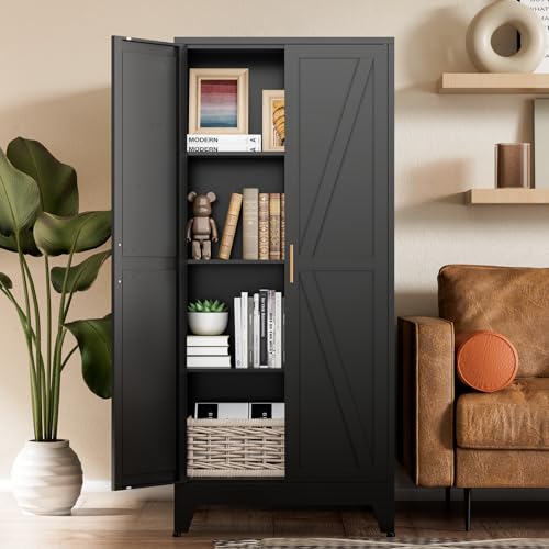 COFaR Black Farmhouse Storage Kitchen Pantry Cabinet with 2 Barn Door, 3 Adjustable Shelves and Legs, for Cupboard/Dining Room/Bathroom/Living Room/Office/Laundry Room (Black, 61" Farmhouse) - color: Black, size: 61" Farmhouse