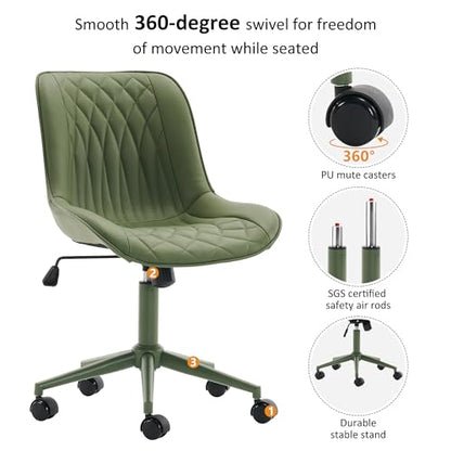 YOUNIKE Faux Leather Office Desk Chair Comfy Vanity Chair Armless Green | Ergonomic Upholstered Rocking Back, Swivel with Wheels, Height Adjustable, Modern Task Chair For Computer Sewing Drafting - color: All Green