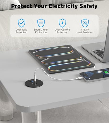 Recessed Power Strip-2 Pack Desk Grommet Power Strip, 2.5 inch Desktop with 20W Fast Charging USB-C Port (Black, 10FT) - color: Black, size: 10FT-2PS