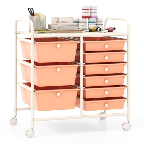 Giantex 9 Drawers Rolling Cart, Classroom Organizers, Storage Cart with Wheels, for Teacher Office Home School Supplies Tool Craft Art Paper, Peach Fuzz - color: Peach Fuzz, size: 9 Drawers (3 Big +6 Small)