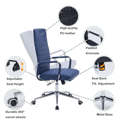 Navy Blue Leather Ribbed Office High-Back Desk Conference Chair with Wheels | Ergonomic High-Back Executive Chairs with Wheels Adjustable Swivel Computer Task Desk Chair with Arms and Thick Padded Seat - color: Blue, size: High Back