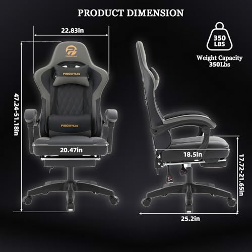 Ergonomic Gaming Chair with Footrest and Lumbar Support, High Back Reclining PU Leather Computer Chair with Headrest and Linkage Armrests, Swivel Height Adjustable Office Gamer Chair for Adults (Gray)
