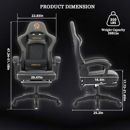 Ergonomic Gaming Chair with Footrest and Lumbar Support, High Back Reclining PU Leather Computer Chair with Headrest and Linkage Armrests, Swivel Height Adjustable Office Gamer Chair for Adults (Gray)