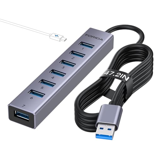 FORIDA Aluminum 8-Port USB Hub Long Cable USB Splitter with 7 USB 3.0 Ports - color: 47.2in Gray, size: USB A