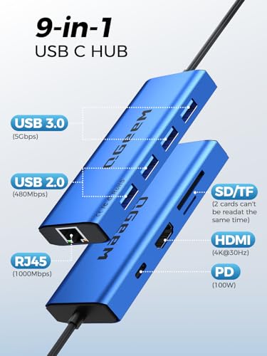 QGeeM USB C Hub Ethernet,9 in 1 USB Type C Hub HDMI Multi-Port Converter Adapter,100W Pd, USB 3.0,SD/TF Card Reader,Compatible for MacBook Pro Air Ipad HP Dell Lenovo Chromebook etc.-Blue - color: Blue