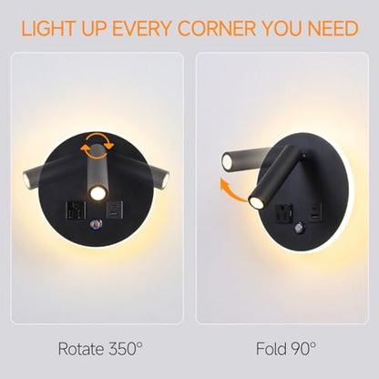 LED Round Wall Sconce with Dimmable Light, 6W+3W 3000K Night Light, Adjustable Plug-in Headboard Lamp with USB & USB-C Ports, Bedside Reading Light for Bedroom(Black) - color: Black