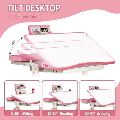 Kids Adjustable Desk and Chair Set 3-12, Children School Study Desk-11PINK | Height Adjustable | 50° Tilt Desktop | Book Stand & Metal Hook & Storage Drawer | Writing Drawing Table for Boys and Girls - color: 110-pink-27.5in