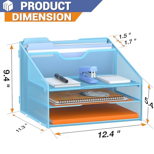 GAWERK Letter Tray Organizer, Mesh Desk File Organizer with 3 Paper Trays and 2 Vertical Upright Section (Blue) - color: Blue