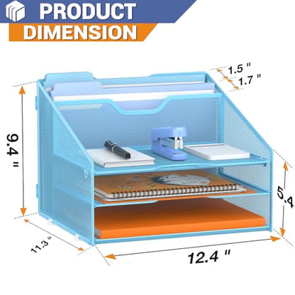 GAWERK Letter Tray Organizer, Mesh Desk File Organizer with 3 Paper Trays and 2 Vertical Upright Section (Blue) - color: Blue
