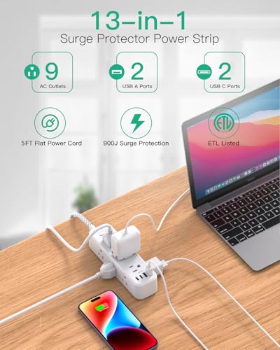 Mifaso Extension Cord, Surge Protector Power Strip, Long Power Strip with 9 Outlets 4 USB Ports, Extension Cord with Multiple Outlets, USB Power Strip for Dorm Room Essentials, College(5FT, White) - color: White, size: 5FT
