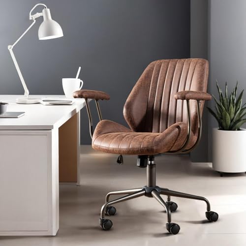 Mid Back Home Office Chair, Mid Century Modern Leather Computer Desk Chair, Comfy Executive Rolling Swivel Task Chair with Wheels Armrest Height Adjustable,Dark Brown - color: Dark Brown,suede Fabric, size: Standard Mid Back