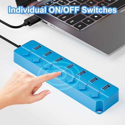 USB Hub 7 Port, USB Splitter with Individual On/Off Switches and Lights - color: Blue