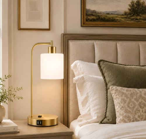Set of 2 Industrial Touch Control Table Lamps with 2 USB Ports and AC Outlet - 3-Way Dimmable Gold Bedside Lamps Nightstand Desk Lamps for Bedroom Living Room, Opal Glass Shade & 2 LED Bulbs Included - color: Gold(2 pack)-Opal Glass-Touch Control