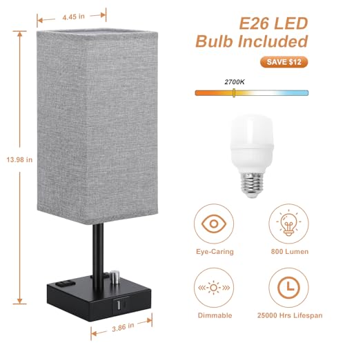 aooshine Gray Fully Dimmable Nightstand Lamps Set of 2 - Table Bedside Lamp with USB C+A Charging Ports & 2 AC Outlets, Square Lamp Sets Linen Fabric Shade for Bedroom Living Room(Bulb Included) | Stepless Dimmable by Rotary Knob, 3000K LED Bulbs Included
