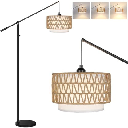 【Upgraded】Boho Dimmable Floor Lamps with Adjustable Swing Arm, 1100 Lumens Bulb Included, Modern Standing Lamp with Rattan & Fabric Shades, Rattan Tall Arc Floor Lamp for Living Room Bedroom, Black - color: Farmhouse-Matte Black