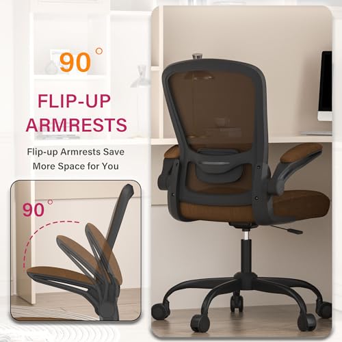 Mimoglad Office Chair, Ergonomic Desk Chair with Adjustable Lumbar Support, High Back Mesh Computer Chair with Flip-up Armrests-Task Chairs, Executive Chair for Home Office - color: Brown, Caramel