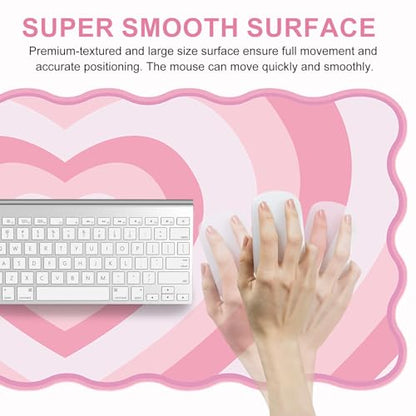L-SPOUTTO Pink Mouse Pad,Cute Desk Mat XXL Large Scalloped Gaming Mousepad,35.4x15.7in Non-Slip Rubber Base Keyboard Pad Waterproof Desktop Mat for Laptop Computer Work Game Home Office-Pink Heart - color: Pink Heart
