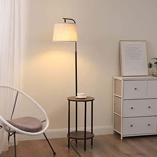 DEWENWILS Floor Lamp with Table, Wooden Nightstand, Farmhouse | Linen Lampshade, 13.18", ON/OFF Foot Switch, 2-in-1 Design, Sturdy Shelf for Living Room, Bedroom, Office Decor