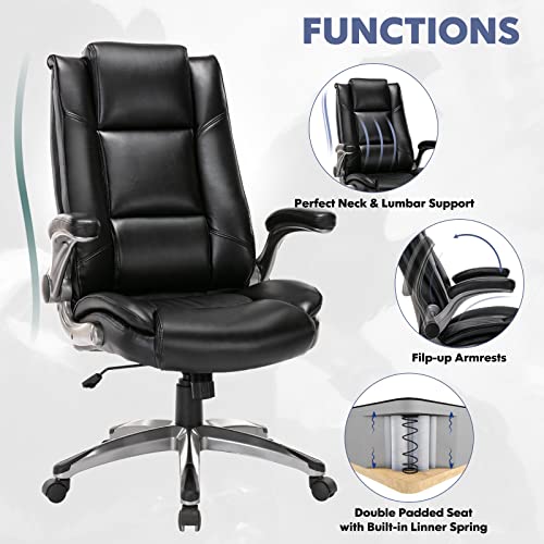 MALOL Leather Executive Office Chair - High Back Home Computer Desk Chair with Padded Flip-up Arms, Adjustable Tilt Lock, Swivel Rolling Ergonomic Chair for Adult Working Study, Black - color: Black