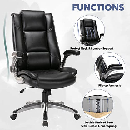 MALOL Leather Executive Office Chair - High Back Home Computer Desk Chair with Padded Flip-up Arms, Adjustable Tilt Lock, Swivel Rolling Ergonomic Chair for Adult Working Study, Black - color: Black