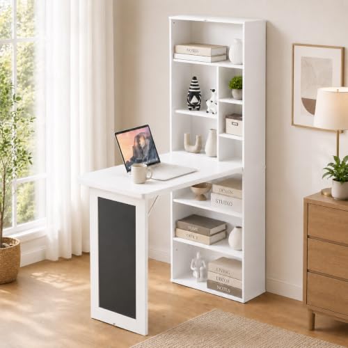 Wall Mount Foldable Writing Desk for Bedroom & Home Office (White) | Wall Desk, Wall Mount Foldable Desk with Bookshelf & Chalkboard, Space Saving Fold Down Floating Workstation - color: White