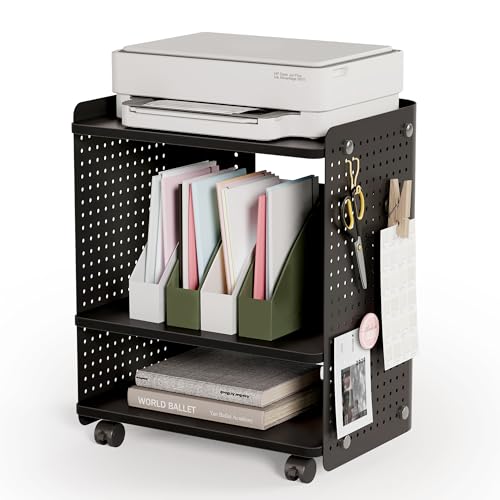 Fenge 3D Printer Stand, Heavy Duty Printer Cart with Wheels, Black | 17.8"W x 13.2"D x 21.8"H, Heavy Duty Pegboard Storage Organizer with Adjustable Shelf, 3-Tier Home Office Stand - color: Black