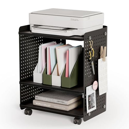 Fenge 3D Printer Stand, Heavy Duty Printer Cart with Wheels, Black | 17.8"W x 13.2"D x 21.8"H, Heavy Duty Pegboard Storage Organizer with Adjustable Shelf, 3-Tier Home Office Stand - color: Black